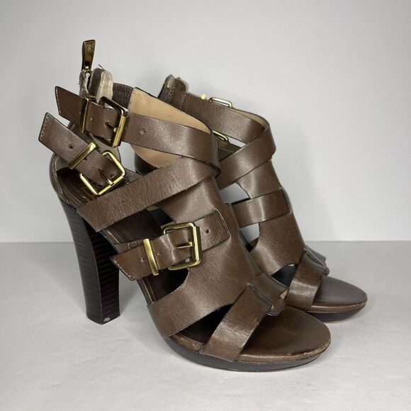 POUR LA VICTOIRE Women’s Strappy Sandal Heels 6.5M Brown Leather Made in Brazil - Picture 1 of 11